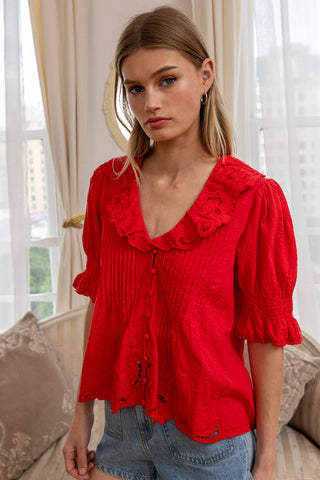 Elodie Embroidered Scallop Blouse in Red