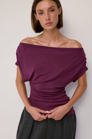 Off-Shoulder Ribbed Knit Top in Plum