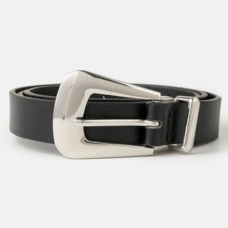 Bulky Buckle Vegan Leather Belt in Silver and Black