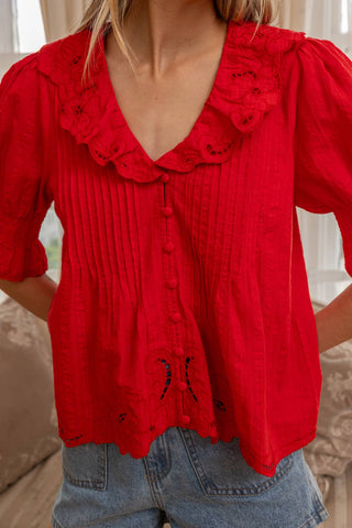 Elodie Embroidered Scallop Blouse in Red
