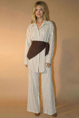 Striped Top Pants and Scarf Three Piece Set in Brown