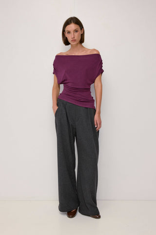 Off-Shoulder Ribbed Knit Top in Plum