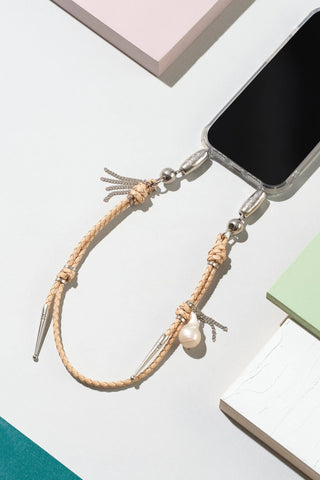 OSSA x CHAYSE Leather and Pearl Bolo Wristlet in Natural / Pearl