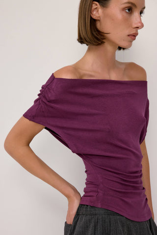 Off-Shoulder Ribbed Knit Top in Plum