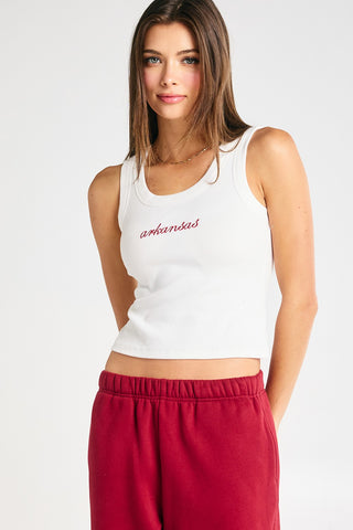 “Arkansas” Embroidered Ribbed Tank Top in White