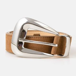 Bulky Buckle Vegan Suede Belt in Brown and Silver