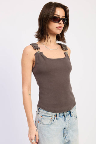 Racer Back Tank Top with Buckled Straps in Brown