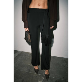 Sutton Matte Jersey Wide-Leg Pants with Fringe Tie Belt