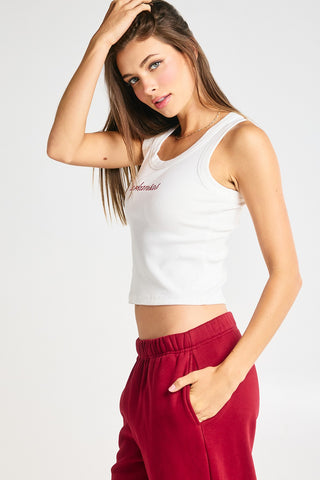 “Arkansas” Embroidered Ribbed Tank Top in White
