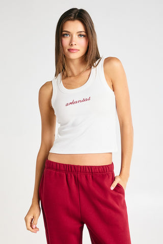 “Arkansas” Embroidered Ribbed Tank Top in White