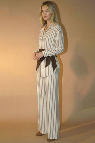 Striped Top Pants and Scarf Three Piece Set in Brown