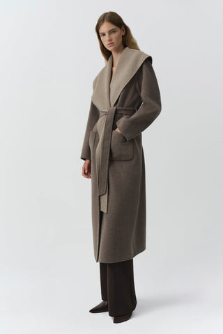 SIMKHAI Allura Reversible Belted Coat in Mushroom Multi