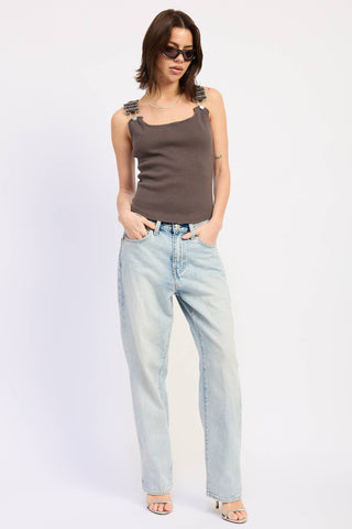 Racer Back Tank Top with Buckled Straps in Brown