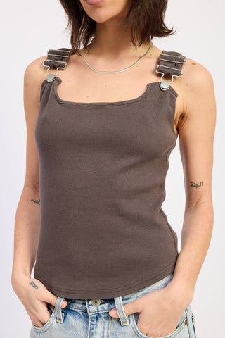 Racer Back Tank Top with Buckled Straps in Brown