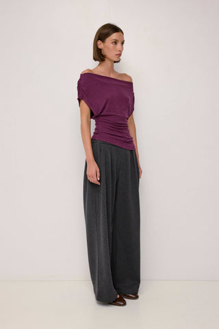 Off-Shoulder Ribbed Knit Top in Plum