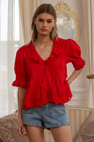 Elodie Embroidered Scallop Blouse in Red