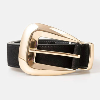 Bulky Buckle Vegan Suede Belt in Black and Gold