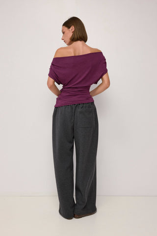 Off-Shoulder Ribbed Knit Top in Plum