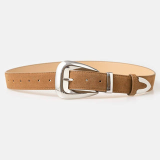 Bulky Buckle Vegan Suede Belt in Brown and Silver