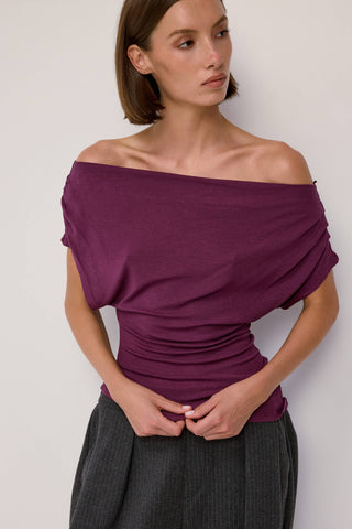 Off-Shoulder Ribbed Knit Top in Plum