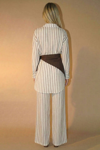 Striped Top Pants and Scarf Three Piece Set in Brown