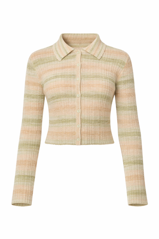 Alyson Ribbed Polo in green stripes featuring a ribbed knit texture, collared neckline, button front, and long sleeves