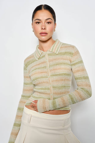 Alyson Ribbed Polo in green stripes featuring a ribbed knit texture, collared neckline, button front, and long sleeves