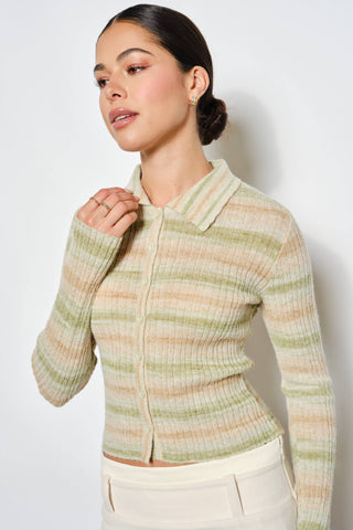 Alyson Ribbed Polo in green stripes featuring a ribbed knit texture, collared neckline, button front, and long sleeves