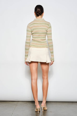 Alyson Ribbed Polo in green stripes featuring a ribbed knit texture, collared neckline, button front, and long sleeves