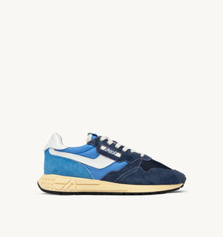 Autry Reelwind Low sneakers in bluette and digital blue nylon and suede with white leather side panels and retro runner sole.