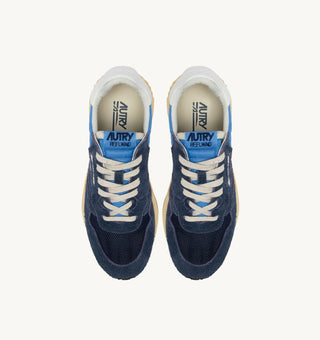Autry Reelwind Low sneakers in bluette and digital blue nylon and suede with white leather side panels and retro runner sole.