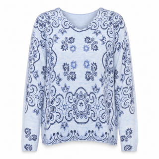 Bandana Printed V-Neck Knit Sweater in Blue