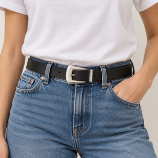 Silver Buckle Vegan Leather Belt in Black