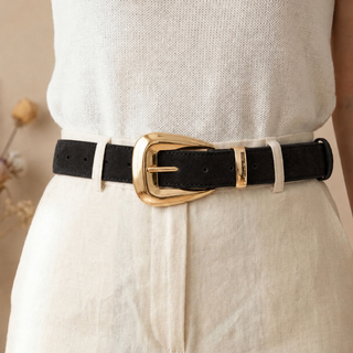 Bulky Buckle Vegan Suede Belt in Black and Gold