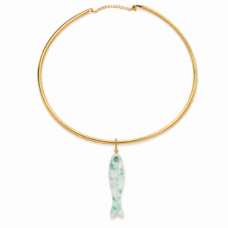 Lucky Fish Kiwi Jasper 14K Gold Wire Necklace