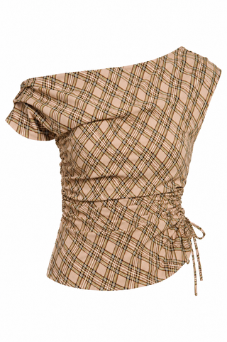 Asymmetric One-Shoulder Ruched Plaid Top