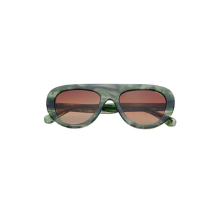 Aviator-style sunglasses with a green and black marbled acetate frame and warm brown-tinted lenses, shown against a plain white background.