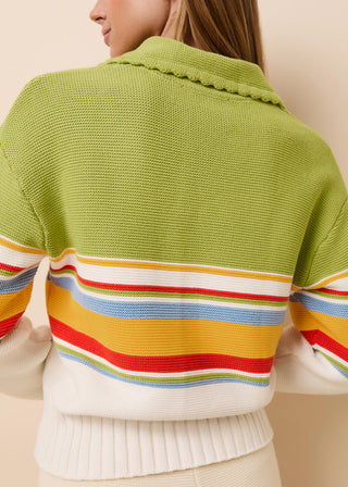 Green knitted cardigan with colorful striped pattern worn by a person.