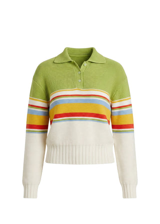 Green sweater with colorful stripes on a white background