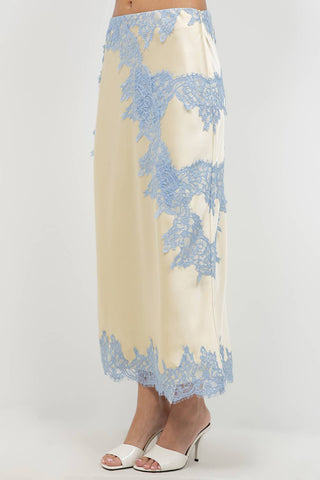 Contrast Lace Satin Midi Skirt in Butter Yellow
