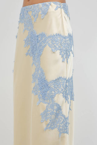 Contrast Lace Satin Midi Skirt in Butter Yellow