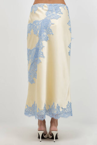 Contrast Lace Satin Midi Skirt in Butter Yellow