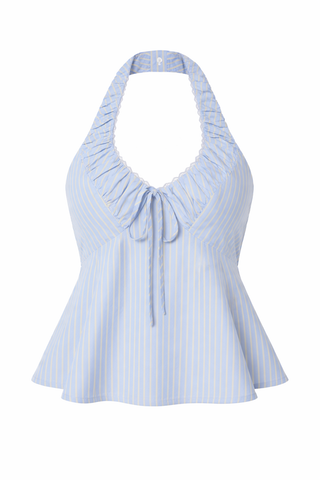 Light blue striped halter top on a white background