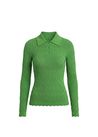 Green knitted sweater with a collar on a white background