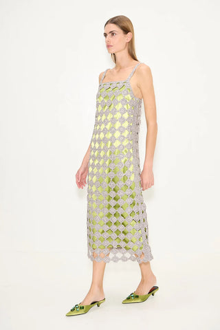 Zyla Crochet Midi Dress in Silver & Green