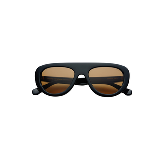 Matte black aviator-style sunglasses with brown tinted lenses, shown from the front on a plain white background.