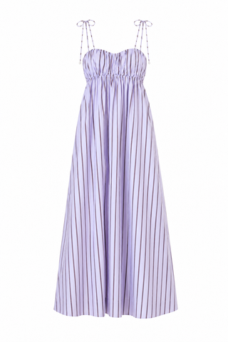 Purple and white striped dress on a white background