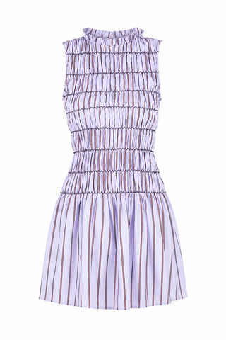 Striped dress with ruffled details on a white background