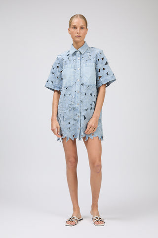Woman wearing a light blue denim dress with bird patterns on a white background