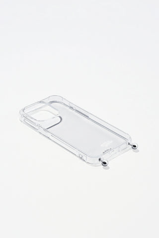 A clear, transparent phone case with small silver metal ball accents at the bottom corners, shown on a clean white background.
